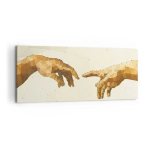 Cuadro sobre lienzo - Impresión de Imagen - Manos geométricas que se extienden una hacia la otra sobre un fondo claro. - 120x50cm - Geometría divina - Decoración de pared moderna para salón y dormitorio ARTTOR