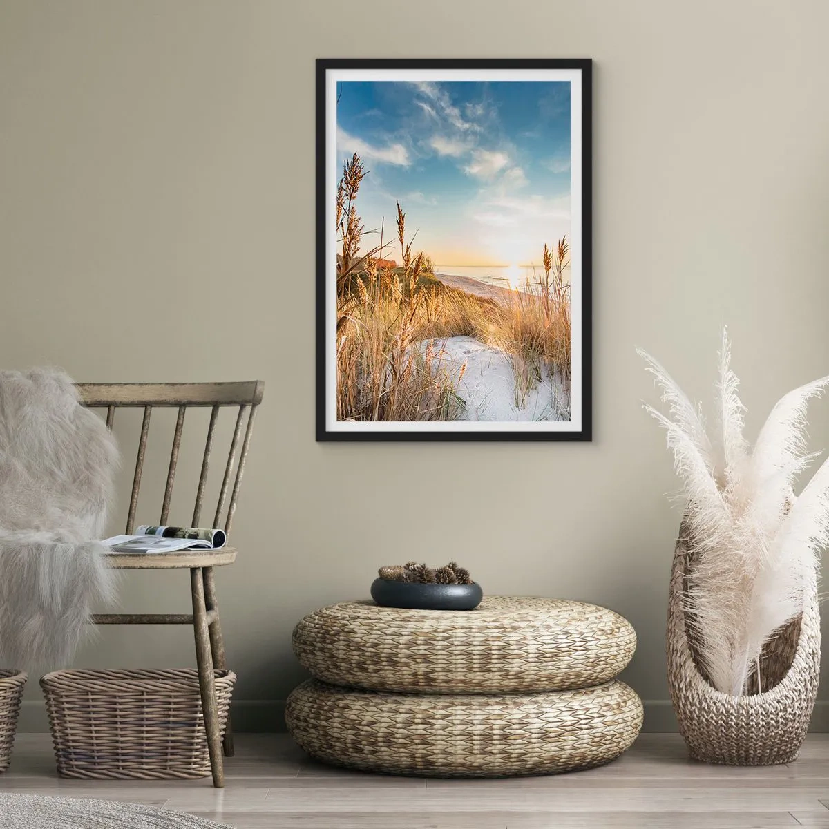 Póster en marco negro - Paisaje de playa soleado con hierbas en las dunas - 50x70cm - Playa del norte - Decoración de pared moderna para salón y dormitorio ARTTOR