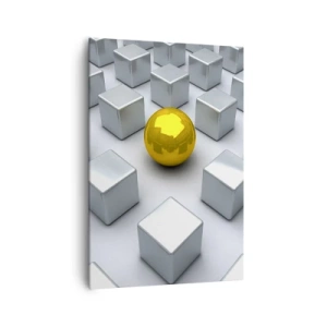 Cuadro sobre lienzo - Impresión de Imagen - Una esfera dorada que destaca entre los cubos plateados. - 70x100cm - ¿Por qué yo? Composición geométrica - Decoración de pared moderna para salón y dormitorio ARTTOR