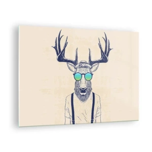 Cuadro sobre vidrio - Impresiones sobre Vidrio - Un elegante ciervo con gafas de sol sobre un fondo claro. - 70x50cm - ¿Y a quién esperabas? - Decoración de pared moderna para salón y dormitorio ARTTOR