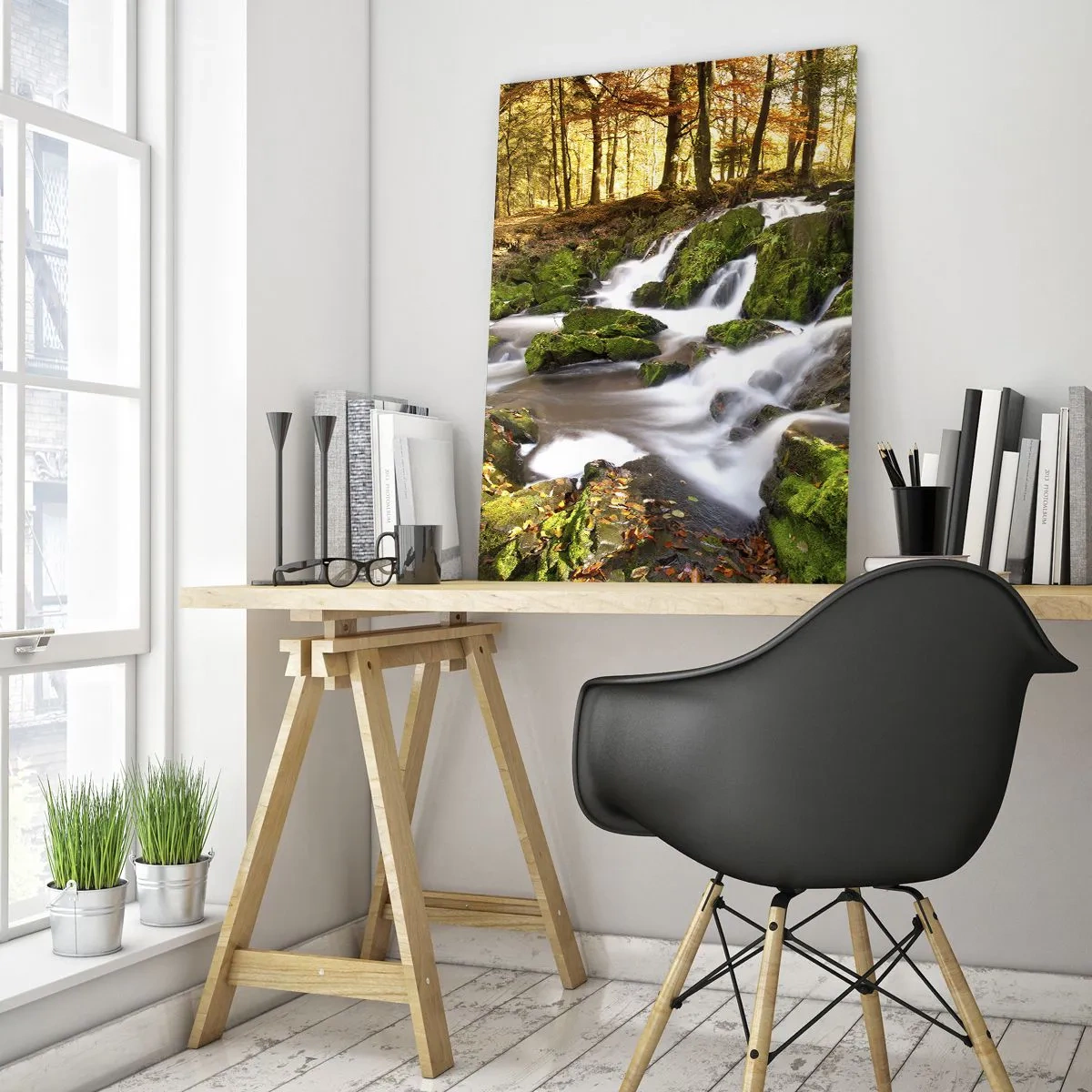 Cuadro sobre vidrio - Impresiones sobre Vidrio - Un paisaje boscoso con una cascada rodeada de musgo. - 70x100cm - Atravesando el bosque otoñal - Decoración de pared moderna para salón y dormitorio ARTTOR