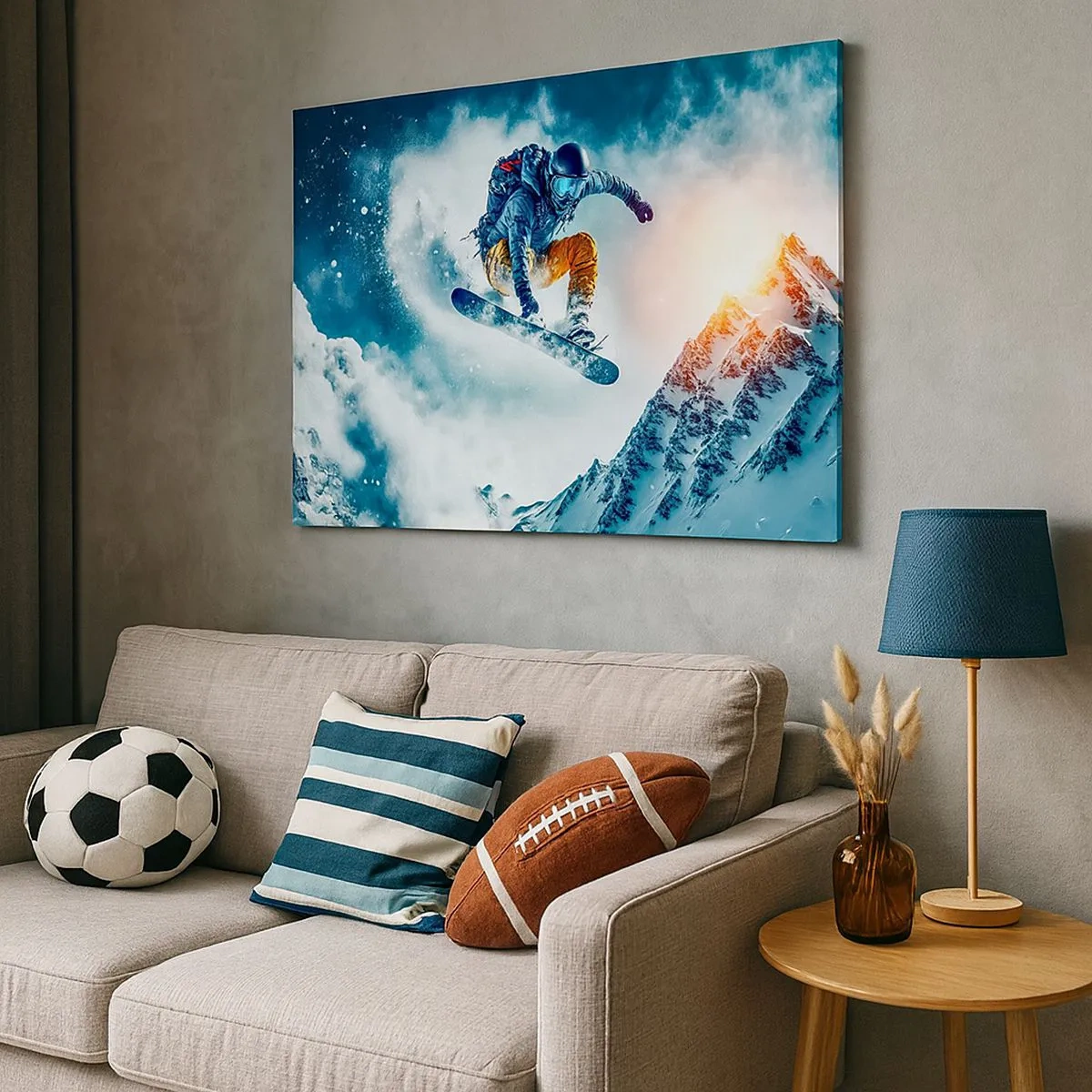 Cuadro sobre lienzo - Impresión de Imagen - Un snowboarder vuela sobre montañas nevadas. - 70x50cm - Emociones extremas - Decoración de pared moderna para salón y dormitorio ARTTOR