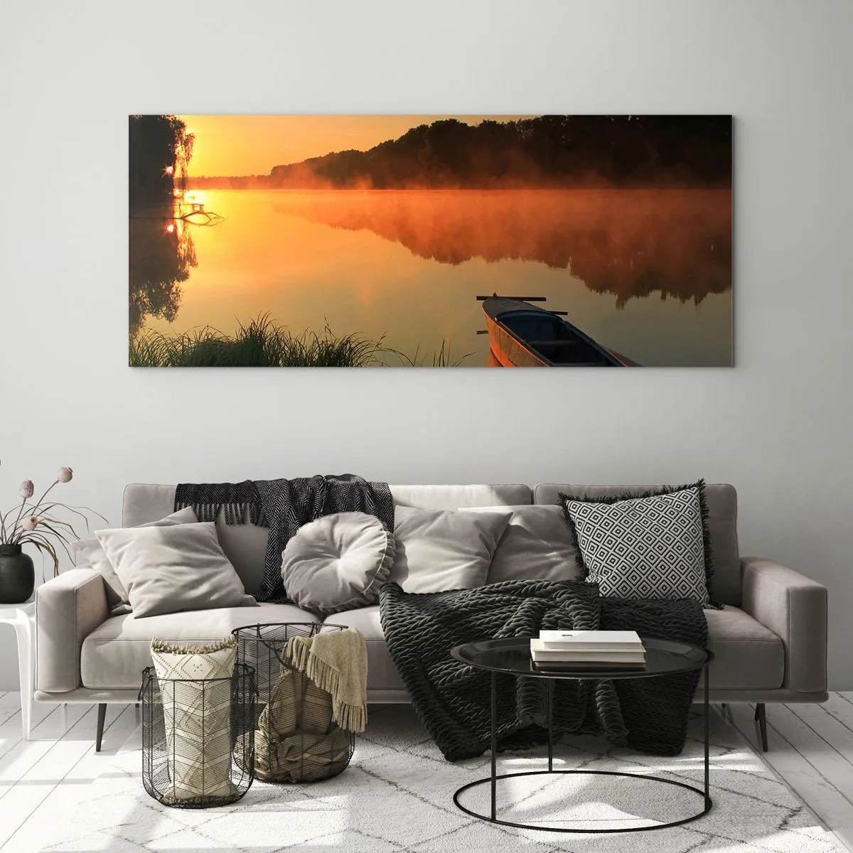 Cuadro sobre vidrio - Impresiones sobre Vidrio - Niebla matutina sobre el río con un barco bajo los rayos del sol. - 140x50cm - Amanecer sobre el agua como la superficie de un espejo - Decoración de pared moderna para salón y dormitorio ARTTOR