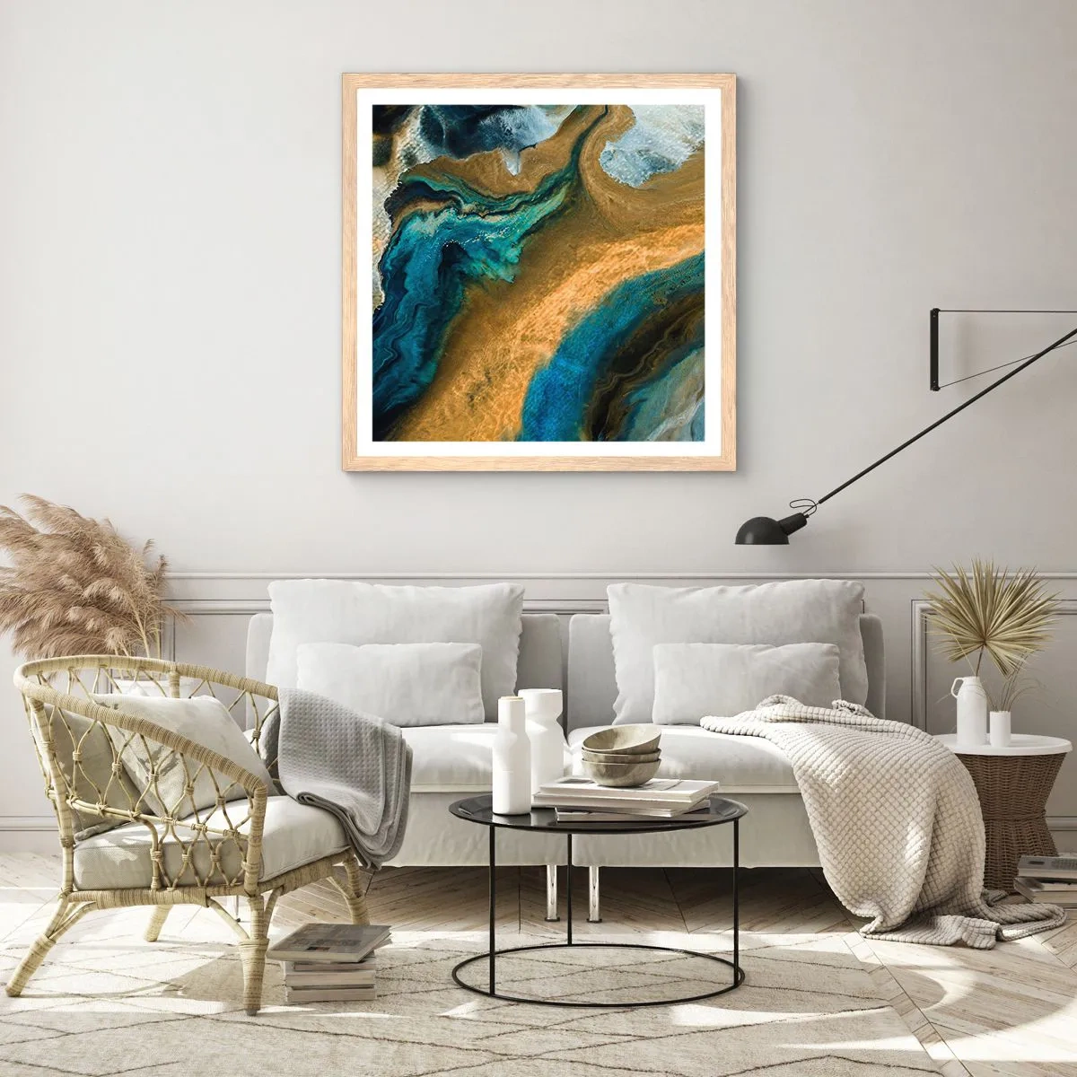 Póster en marco roble claro - Azul - amarillo - influencia mutua - 30x30 cm