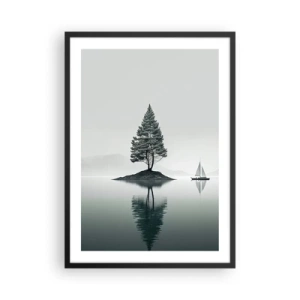 Póster en marco negro - Un árbol solitario en una isla con un reflejo en el agua. - 50x70cm - Un sueño hecho realidad - Decoración de pared moderna para salón y dormitorio ARTTOR