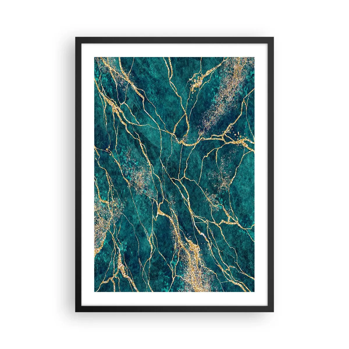 Póster en marco negro - Vetas doradas abstractas sobre un fondo de mármol verde - 50x70cm - Riachuelos de oro - Decoración de pared moderna para salón y dormitorio ARTTOR