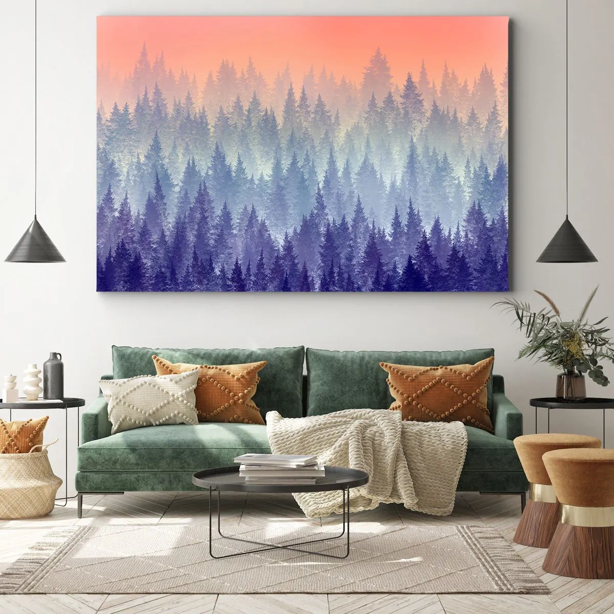 Cuadro sobre lienzo - Impresión de Imagen - Un bosque brumoso en tonos morados y naranjas. - 120x80cm - Alto, más alto, hasta el cielo - Decoración de pared moderna para salón y dormitorio ARTTOR