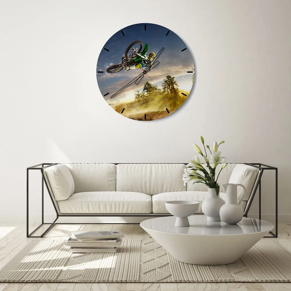 Reloj de pared - Reloj de vidrio - Motocross con el sol poniente como telón de fondo - 30x30cm - ¡Enciende tus emociones! - Decoración de pared moderna para salón, cocina y dormitorio ARTTOR