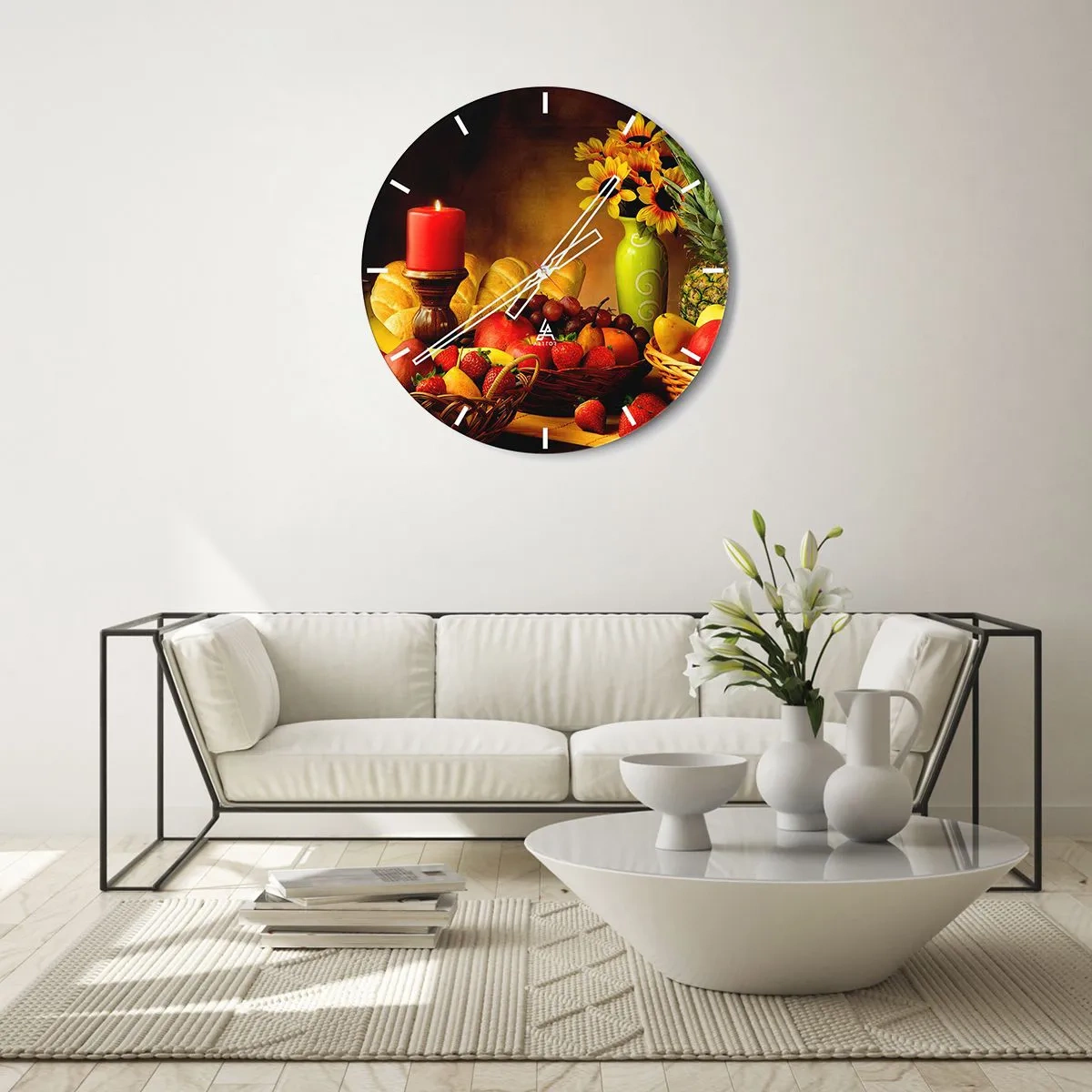 Reloj de pared - Reloj de vidrio - Bodegón con pan y fruta - 40x40 cm
