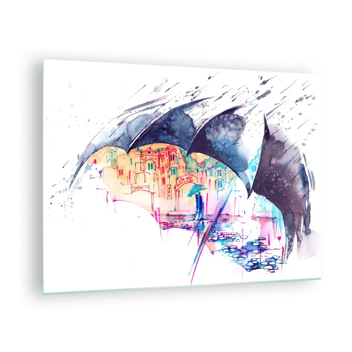 Cuadro sobre vidrio - Impresiones sobre Vidrio - Una ciudad colorida al fondo bajo un paraguas negro. - 70x50cm - Caminando bajo la lluvia - Decoración de pared moderna para salón y dormitorio ARTTOR