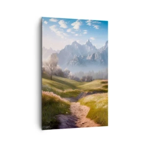Cuadro sobre lienzo - Impresión de Imagen - Un valle de montaña con prados, cabañas y vistas a los picos. - 80x120cm - Valle idílico - Decoración de pared moderna para salón y dormitorio ARTTOR