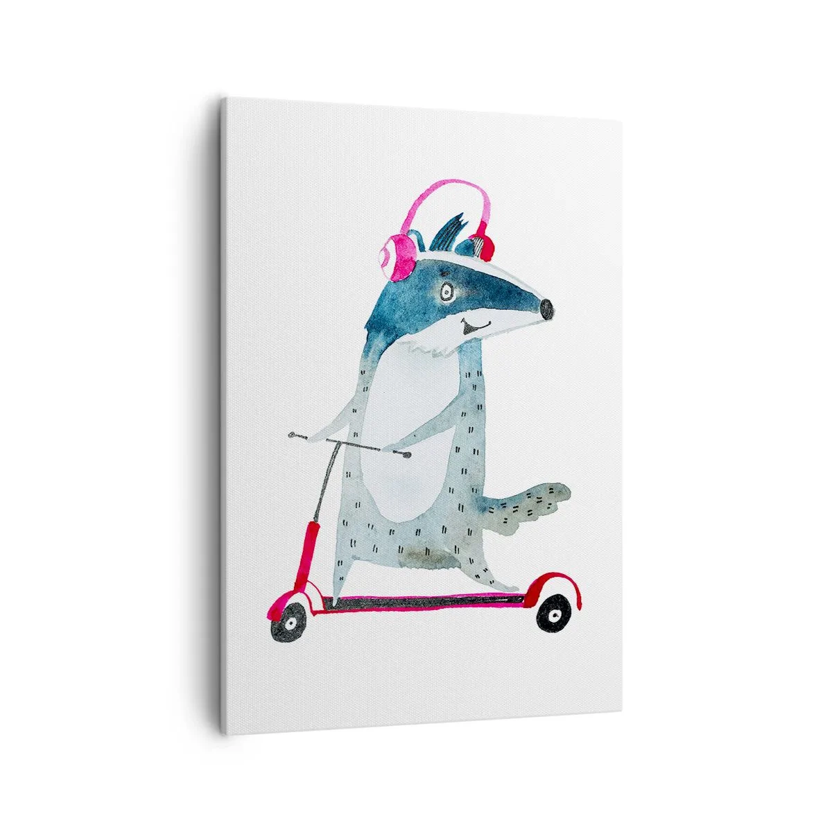 Cuadro sobre lienzo - Impresión de Imagen - Tejón en un scooter con auriculares rosas - 50x70cm - Alegrías de tejón - Decoración de pared moderna para salón y dormitorio ARTTOR