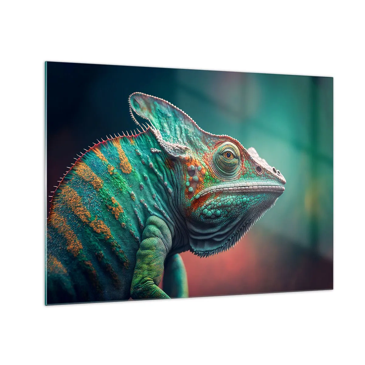 Cuadro sobre vidrio - Impresiones sobre Vidrio - Un camaleón colorido sobre un fondo borroso bajo una luz intensa. - 70x50cm - ¿Puedes verme? No está bien... - Decoración de pared moderna para salón y dormitorio ARTTOR