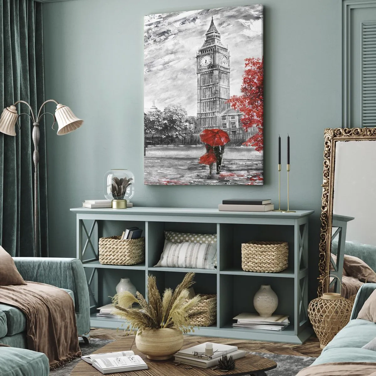 Cuadro sobre lienzo - Impresión de Imagen - Vista icónica de Londres con el Big Ben, un autobús rojo y un paraguas. - 50x70cm - Un día emocionante - Decoración de pared moderna para salón y dormitorio ARTTOR