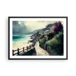 Póster en marco negro - Paseo marítimo con casas y vegetación - 70x50cm - Ciudad mediterránea - Decoración de pared moderna para salón y dormitorio ARTTOR