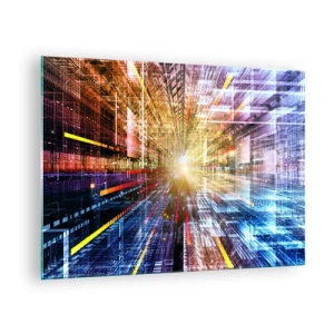 Cuadro sobre vidrio - Impresiones sobre Vidrio - Visión abstracta con líneas de colores y luz. - 70x50cm - Un pasillo luminoso - Decoración de pared moderna para salón y dormitorio ARTTOR