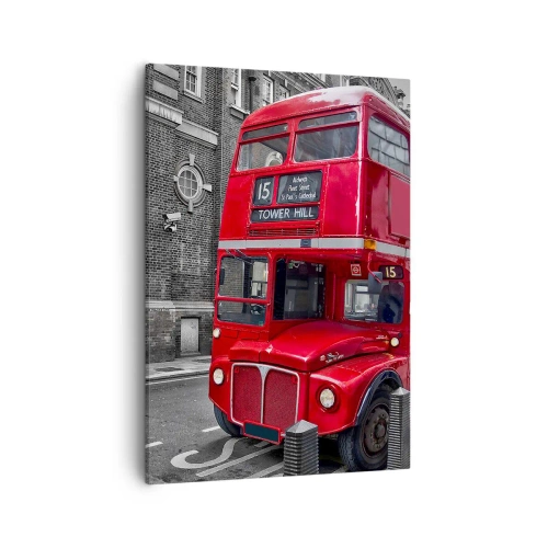 Cuadro sobre lienzo - Impresión de Imagen - Un autobús rojo de dos pisos en Londres con un fondo de arquitectura clásica. - 50x70cm - El mismo de siempre - Decoración de pared moderna para salón y dormitorio ARTTOR