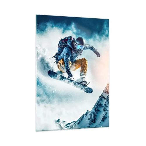 Cuadro sobre vidrio - Impresiones sobre Vidrio - Un snowboarder vuela sobre montañas nevadas. - 50x70cm - Emociones extremas - Decoración de pared moderna para salón y dormitorio ARTTOR
