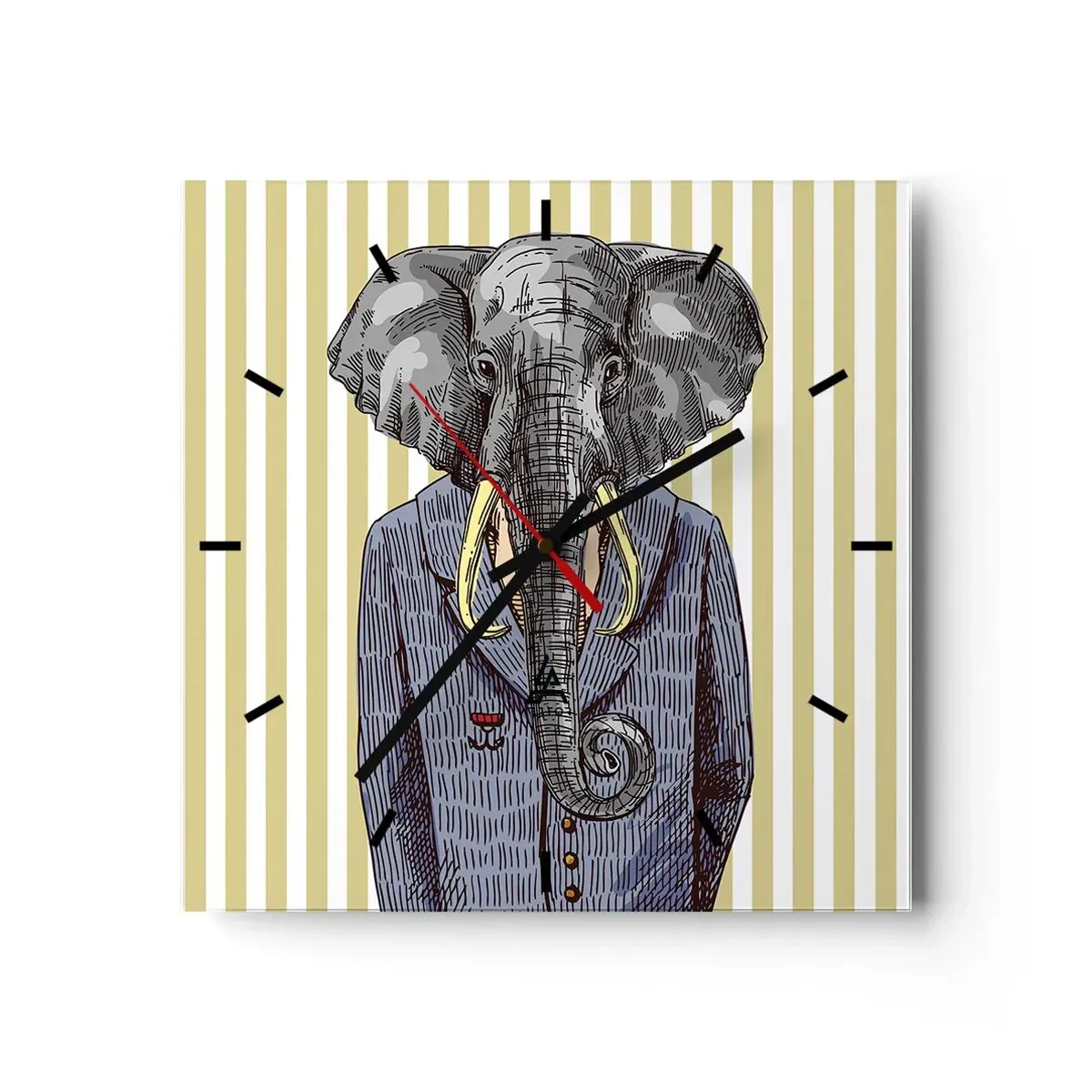 Reloj de pared - Reloj de vidrio - Un elefante con traje sobre un fondo de rayas beige. - 30x30cm - Elegante por naturaleza - Decoración de pared moderna para salón y dormitorio ARTTOR