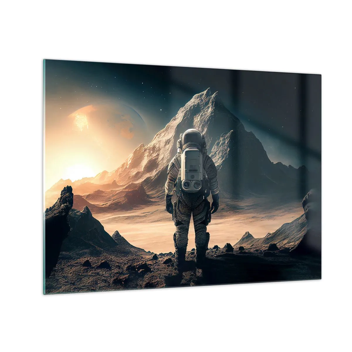 Cuadro sobre vidrio - Impresiones sobre Vidrio - Astronauta en un planeta alienígena con un paisaje montañoso. - 70x50cm - Un nuevo reto - Decoración de pared moderna para salón y dormitorio ARTTOR