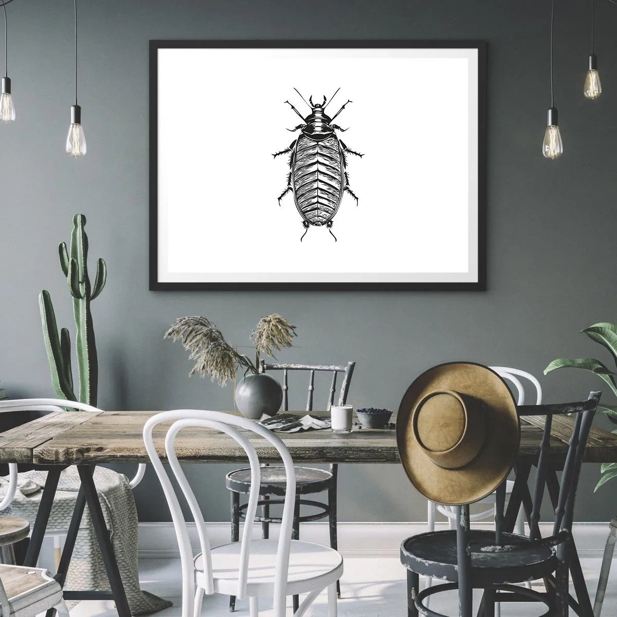 Póster en marco negro - Gráfico de un insecto en blanco y negro sobre un fondo blanco. - 70x50cm - ¡Qué espécimen! - Decoración de pared moderna para salón y dormitorio ARTTOR