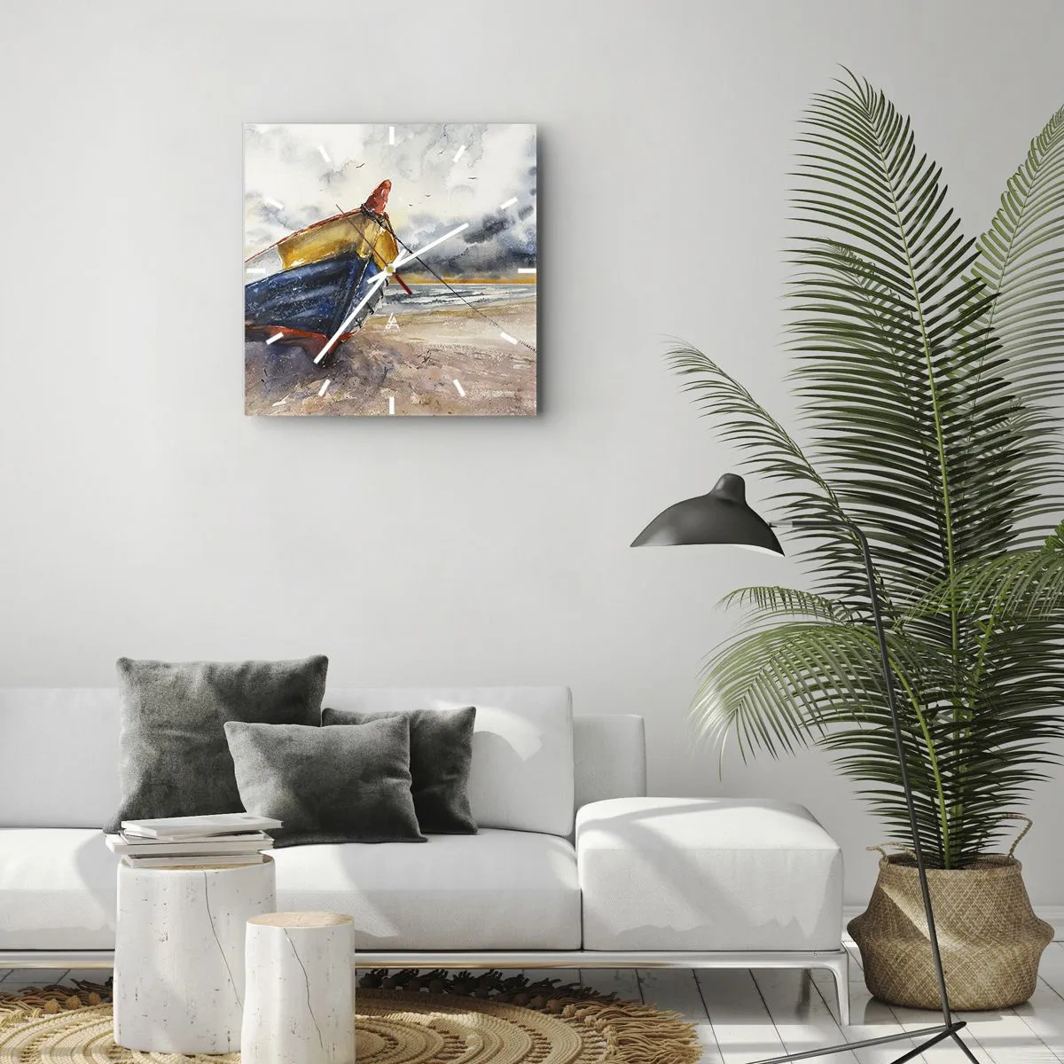 Reloj de pared - Reloj de vidrio - Un pintoresco barco en la playa bajo un cielo nublado. - 30x30cm - Descansando en la orilla - Decoración de pared moderna para salón y dormitorio ARTTOR