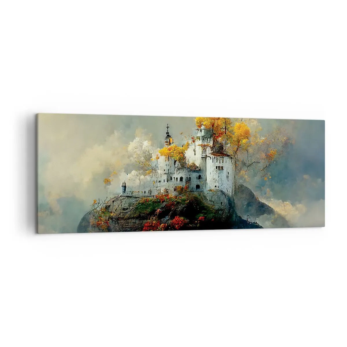 Cuadro sobre lienzo - Impresión de Imagen - Un castillo en una colina rodeado de árboles otoñales. - 140x50cm - El comienzo de una historia romántica - Decoración de pared moderna para salón y dormitorio ARTTOR