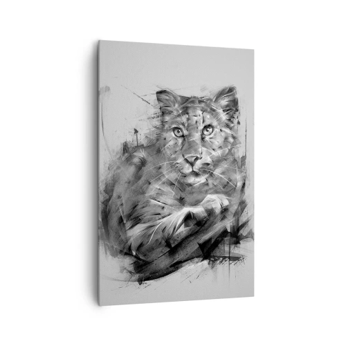 Cuadro sobre lienzo - Impresión de Imagen - Retrato en blanco y negro de un león en un estilo artístico con trazos dinámicos. - 80x120cm - Sí, estoy escuchando - Decoración de pared moderna para salón y dormitorio ARTTOR
