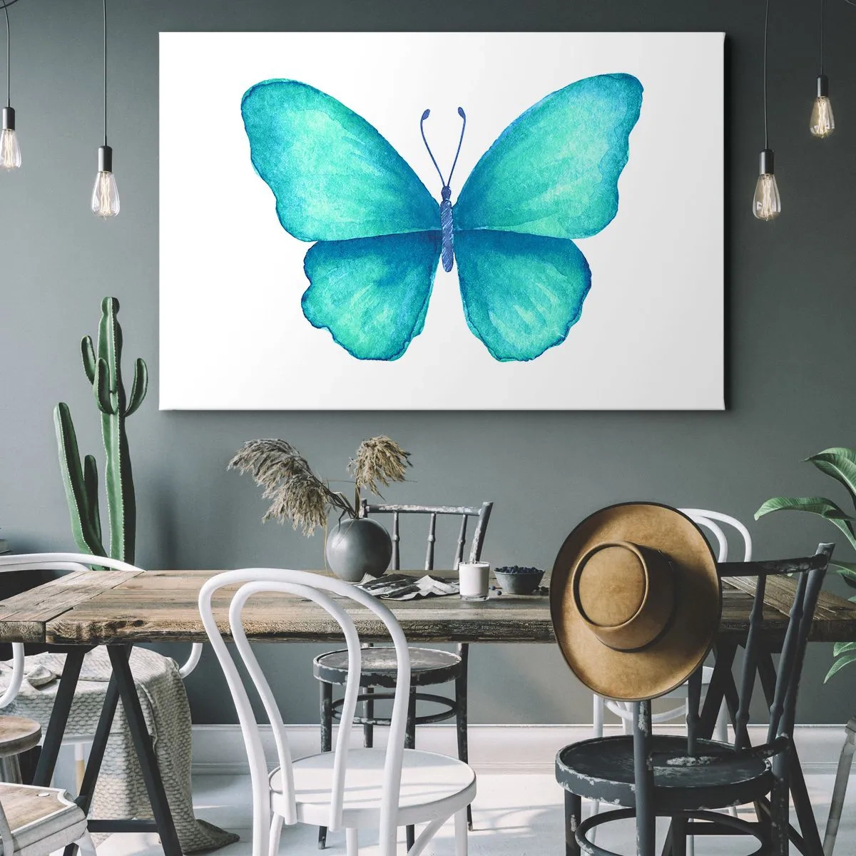 Cuadro sobre lienzo - Impresión de Imagen - Mariposa azul en estilo acuarela sobre fondo blanco - 120x80cm - Turquesa por naturaleza - Decoración de pared moderna para salón y dormitorio ARTTOR