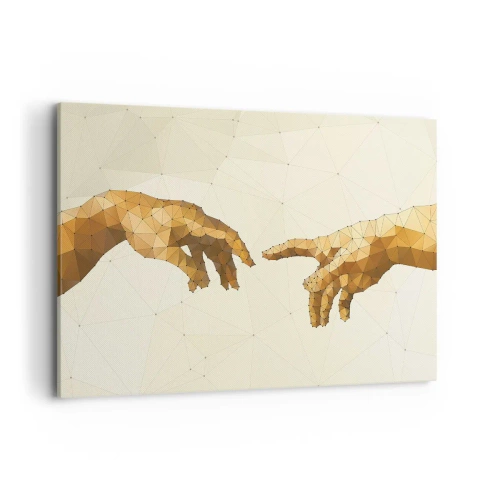 Cuadro sobre lienzo - Impresión de Imagen - Manos geométricas que se extienden una hacia la otra sobre un fondo claro. - 120x80cm - Geometría divina - Decoración de pared moderna para salón y dormitorio ARTTOR