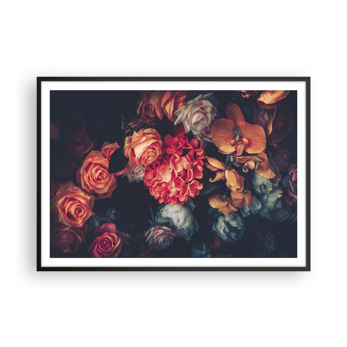 Póster en marco negro - Un ramo de varias flores en tonos oscuros. - 100x70cm - Como los maestros holandeses - Decoración de pared moderna para salón y dormitorio ARTTOR