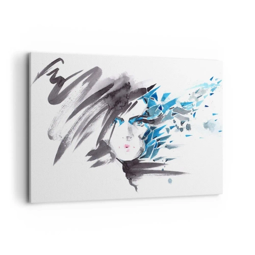 Cuadro sobre lienzo - Impresión de Imagen - Pintura facial artística de acuarela con acentos azules. - 100x70cm - Un sensual retrato en gris y azul - Decoración de pared moderna para salón y dormitorio ARTTOR