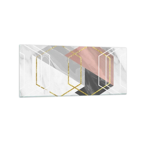 Cuadro sobre vidrio - Impresiones sobre Vidrio - Figuras geométricas con acentos dorados y de mármol. - 120x50cm - Composición en cadena - Decoración de pared moderna para salón y dormitorio ARTTOR