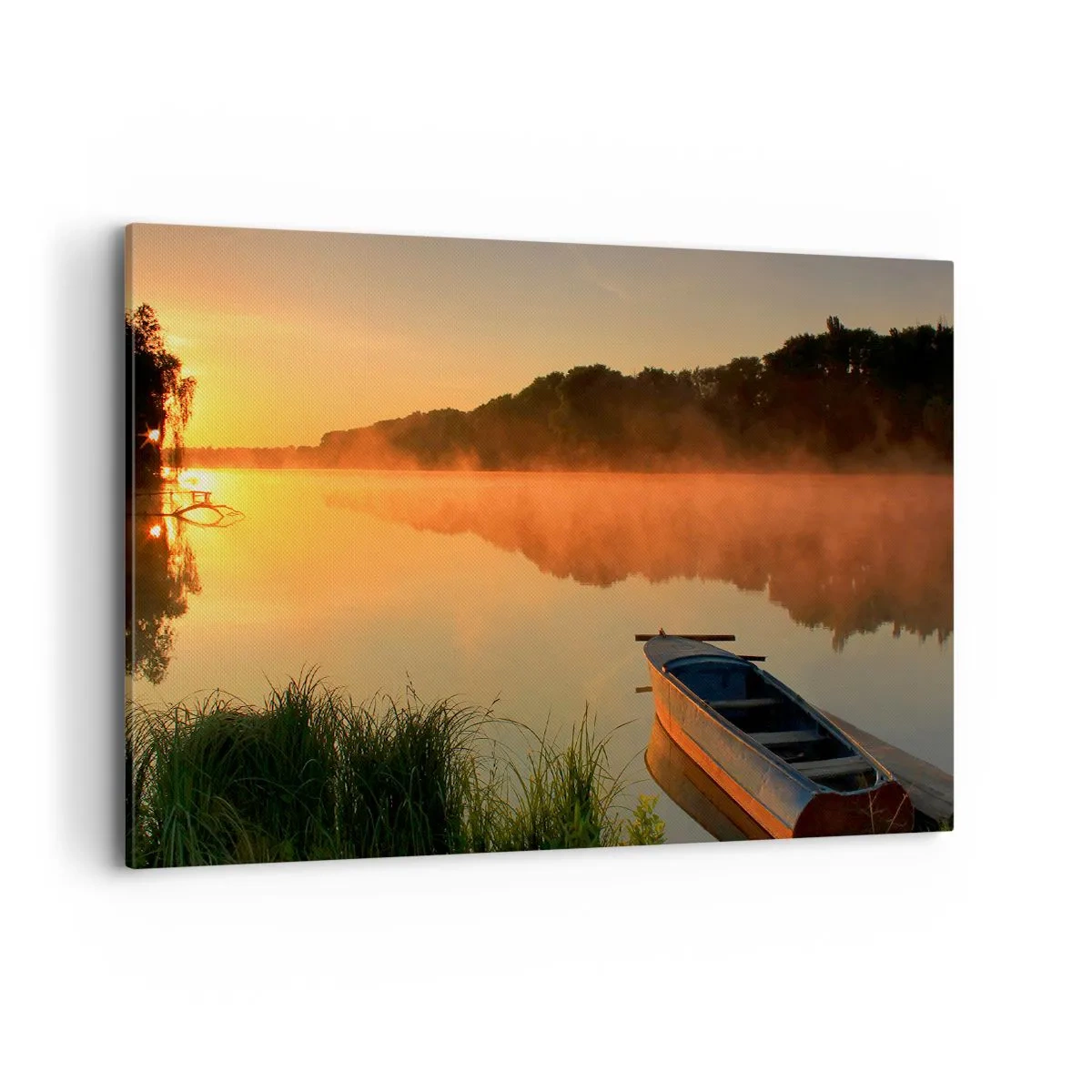 Cuadro sobre lienzo - Impresión de Imagen - Niebla matutina sobre el río con un barco bajo los rayos del sol. - 100x70cm - Amanecer sobre el agua como la superficie de un espejo - Decoración de pared moderna para salón y dormitorio ARTTOR