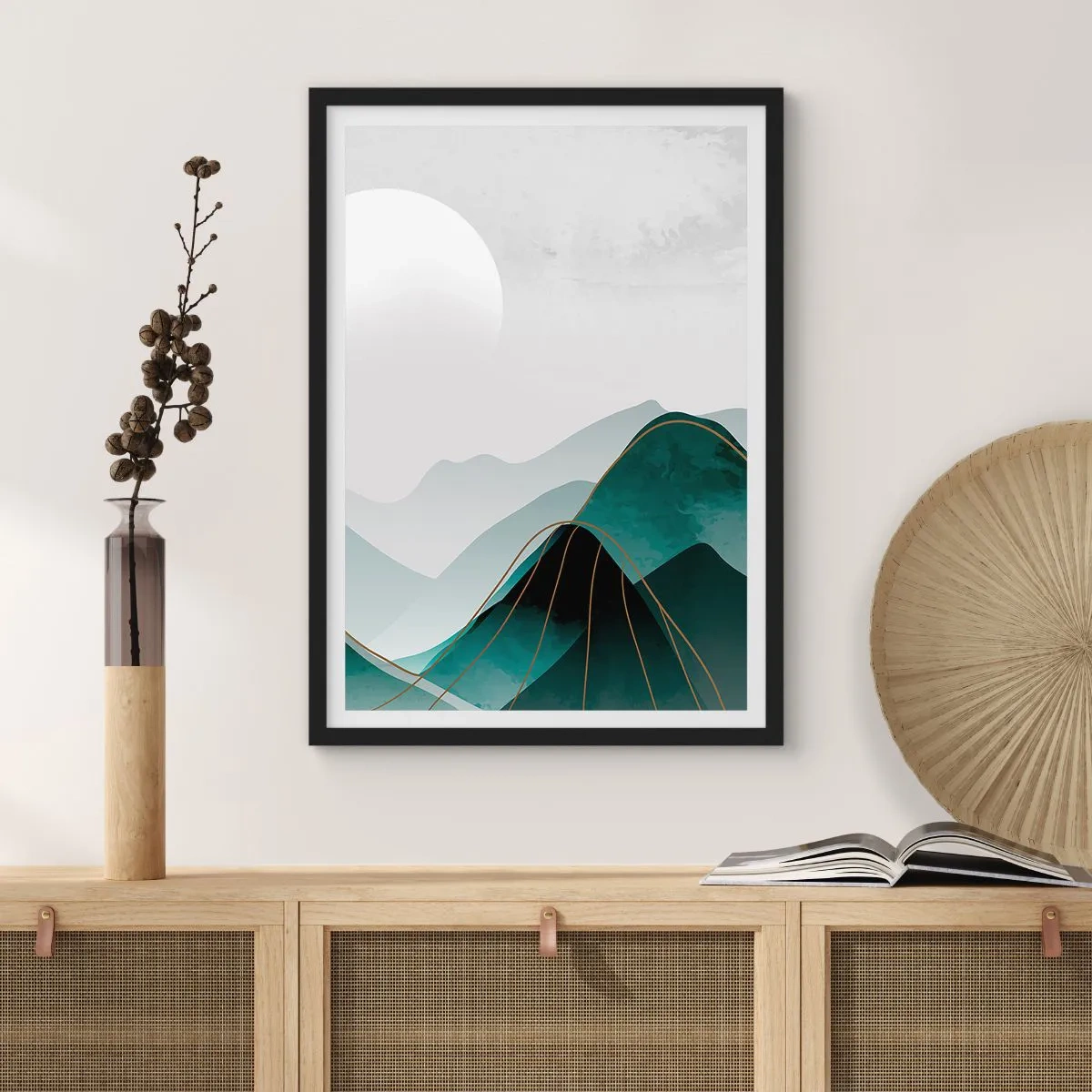 Póster en marco negro - Montañas abstractas en tonos verdes con delicado dorado. - 50x70cm - Con toda la majestuosidad - Decoración de pared moderna para salón y dormitorio ARTTOR