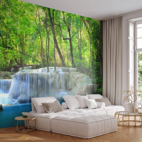 Fotomural Premium Sand - Ahogarse en turquesa y verde - Paisaje, Cascada, cascada - 500x350 cm
