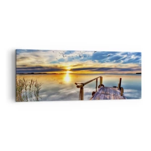 Cuadro sobre lienzo - Impresión de Imagen - Muelle de madera sobre el lago al atardecer - 140x50cm - El viento se va a descansar - Decoración de pared moderna para salón y dormitorio ARTTOR