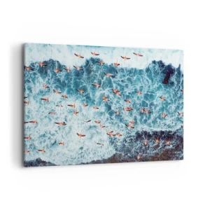 Cuadro sobre lienzo - Impresión de Imagen - Una vista aérea de flamencos rosados sobre un océano azul. - 100x70cm - Un desfile marítimo - Decoración de pared moderna para salón y dormitorio ARTTOR