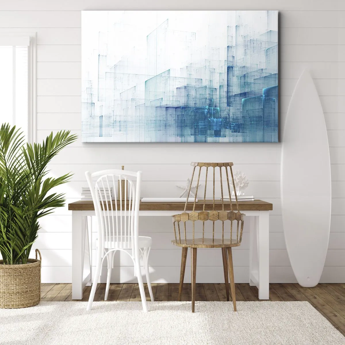 Cuadro sobre lienzo - Impresión de Imagen - Formas geométricas abstractas en tonos azules - 70x50cm - Cómo se hizo el espacio - Decoración de pared moderna para salón y dormitorio ARTTOR