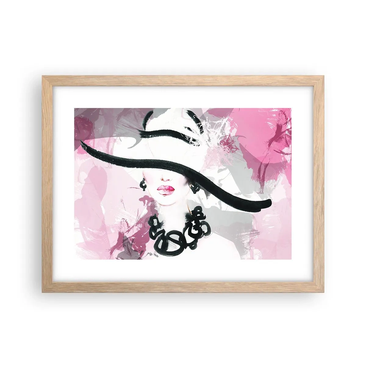 Póster en marco roble claro - Retrato de una dama en negro y rosa - 40x30 cm