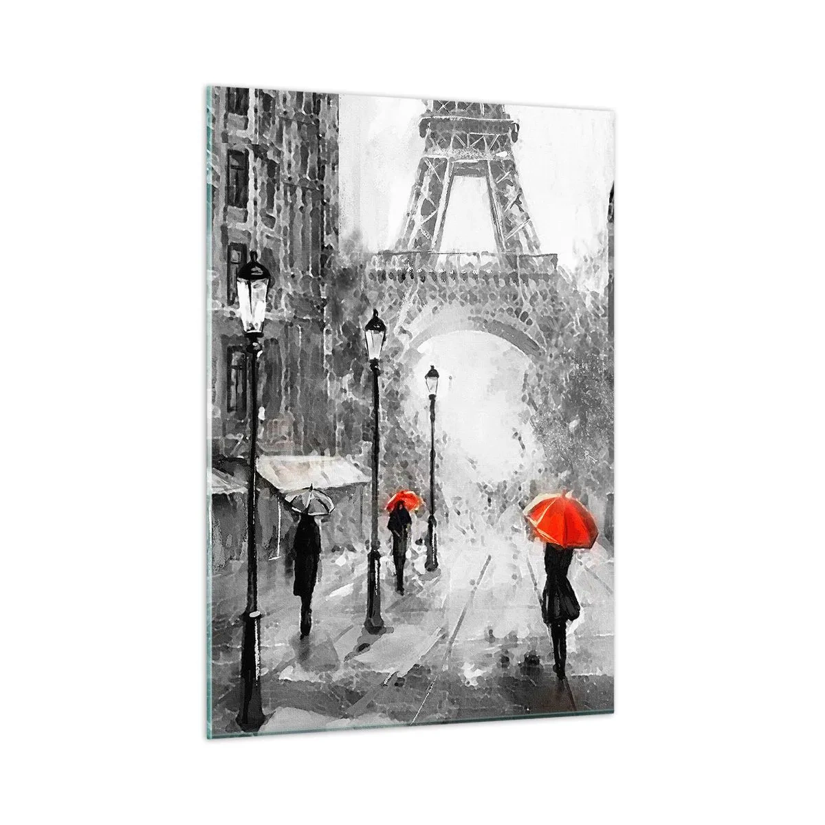Cuadro sobre vidrio - Impresiones sobre Vidrio - La Torre Eiffel en un paisaje monocromático con acentos rojos. - 50x70cm - Todos los caminos conducen a ella - Decoración de pared moderna para salón y dormitorio ARTTOR