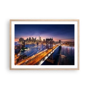 Póster en marco roble claro - Un puente luminoso hacia el corazón de la ciudad - 70x50 cm