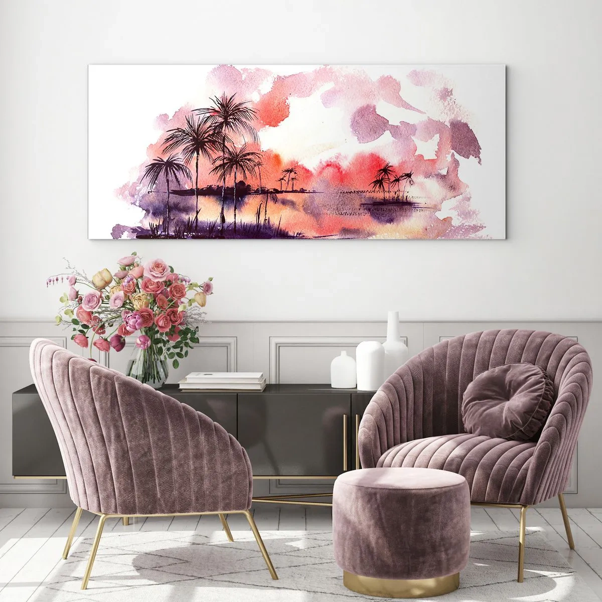 Cuadro sobre vidrio - Impresiones sobre Vidrio - Paisaje tropical con palmeras al atardecer en acuarela. - 140x50cm - La calma de los trópicos en rojo - Decoración de pared moderna para salón y dormitorio ARTTOR