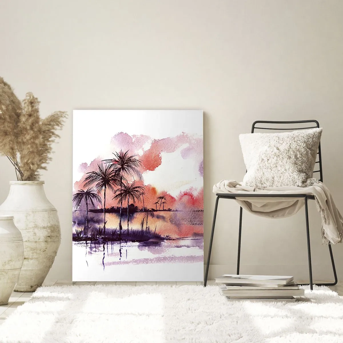 Cuadro sobre vidrio - Impresiones sobre Vidrio - Paisaje tropical con palmeras al atardecer en acuarela. - 80x120cm - La calma de los trópicos en rojo - Decoración de pared moderna para salón y dormitorio ARTTOR