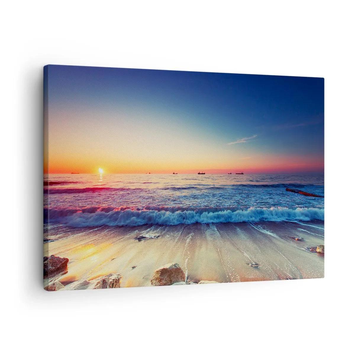 Cuadro sobre lienzo - Impresión de Imagen - Puesta de sol sobre un mar tranquilo con olas - 70x50cm - ¿Y qué hay tras el horizonte? - Decoración de pared moderna para salón y dormitorio ARTTOR