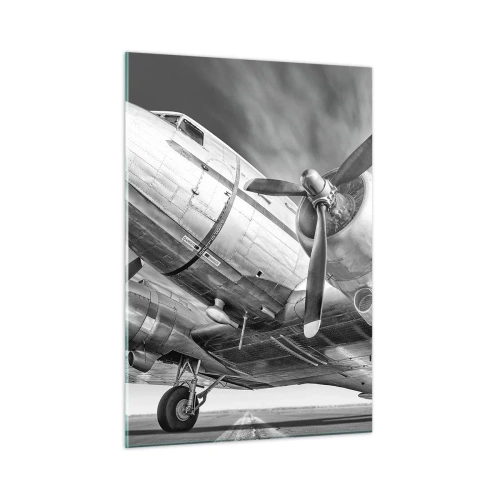 Cuadro sobre vidrio - Impresiones sobre Vidrio - Un avión de hélice en blanco y negro en la pista. - 50x70cm - Siempre listo para volar - Decoración de pared moderna para salón y dormitorio ARTTOR