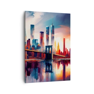 Cuadro sobre lienzo - Impresión de Imagen - Panorama de la ciudad de Nueva York con puente y reflejo en el agua - 50x70cm - Nueva York siempre luce - Decoración de pared moderna para salón y dormitorio ARTTOR