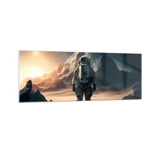 Cuadro sobre vidrio - Impresiones sobre Vidrio - Astronauta con el telón de fondo de majestuosas montañas - 140x50cm - Un nuevo reto - Decoración de pared moderna para salón y dormitorio ARTTOR