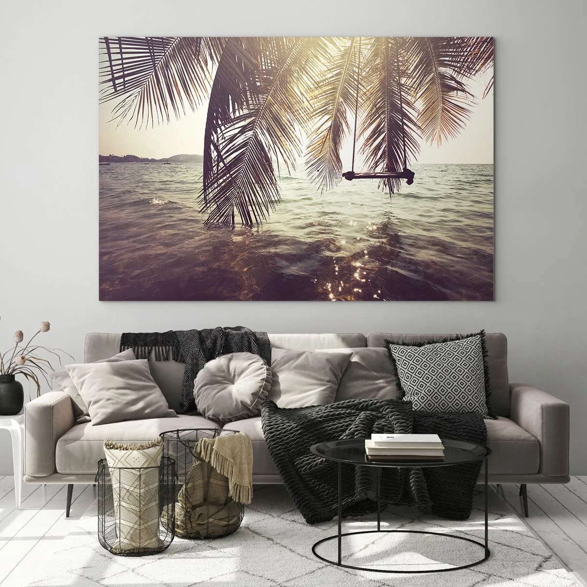 Cuadro sobre vidrio - Impresiones sobre Vidrio - Una playa con palmeras y un columpio sobre un mar en calma. - 70x50cm - Columpiar la imaginación - Decoración de pared moderna para salón y dormitorio ARTTOR