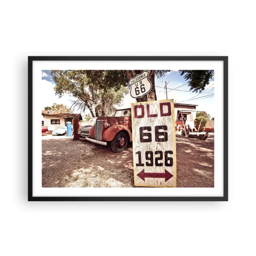 Póster en marco negro - Coche retro y cartel de la Ruta 66 en un entorno rústico - 70x50cm - Una leyenda de la América profunda - Decoración de pared moderna para salón y dormitorio ARTTOR